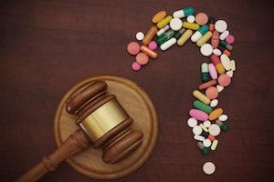 Drugs on table with judge's gavel